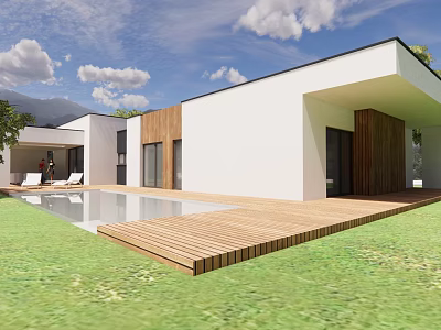 Modern Detached Villa With White Exterior Swimming Pool Wooden Deck And Mountain View 3d model