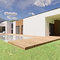 Modern Detached Villa With White Exterior Swimming Pool Wooden Deck And Mountain View