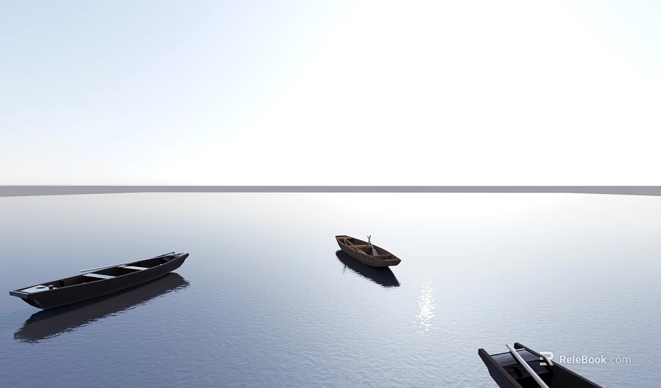 Three Wooden Boats Floating on Calm Water with Sunlight Reflection and Clear Sky and Horizon 3d model 