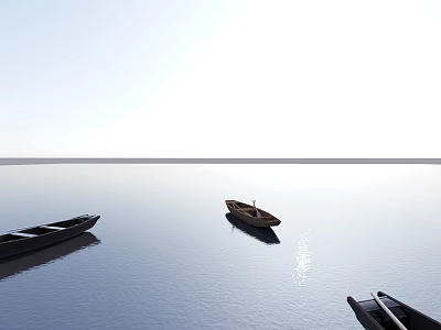 Three Wooden Boats Floating on Calm Water with Sunlight Reflection and Clear Sky and Horizon 3d model