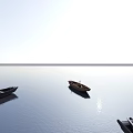 Three Wooden Boats Floating on Calm Water with Sunlight Reflection and Clear Sky and Horizon
