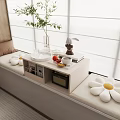 Cozy Minimalist Bay Window Cabinet With Pillows Towels Plant And Side Table