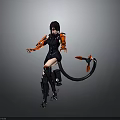 Futuristic Female Character In Black Outfit With Orange Mechanical Arms And Tail On Gray Background