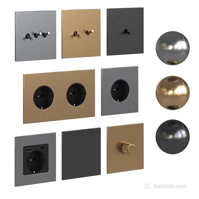 Modern Switch Panels Featuring Gray Gold Black Sockets And Round Knob Design 3d model 