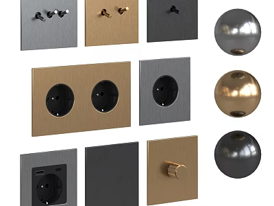 Modern Switch Panels Featuring Gray Gold Black Sockets And Round Knob Design 3d model