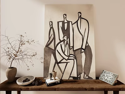 Abstract Figure Painting With Four Figures On Wooden Table With Vase And Decorative Items 3d model