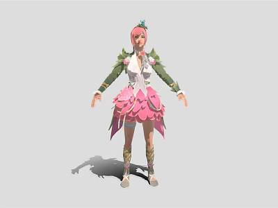 Fantasy Character With Pink Hair Green Sleeves And Pink Petal Skirt Alongside Magical Creature 3d model