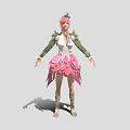Fantasy Character With Pink Hair Green Sleeves And Pink Petal Skirt Alongside Magical Creature