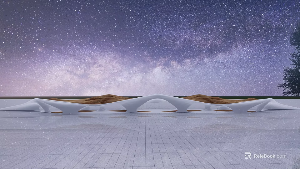 Modern Pergola With Arched Structure On White Tiled Floor Under Starry Sky And Sandy Dunes 3d model 