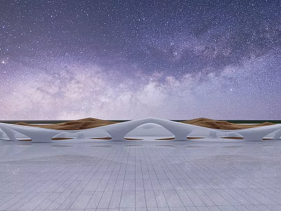 Modern Pergola With Arched Structure On White Tiled Floor Under Starry Sky And Sandy Dunes 3d model