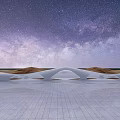 Modern Pergola With Arched Structure On White Tiled Floor Under Starry Sky And Sandy Dunes