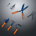Essential Hardware Tools Including Scissors Pliers Shovel Rake with Orange Handles 3d model