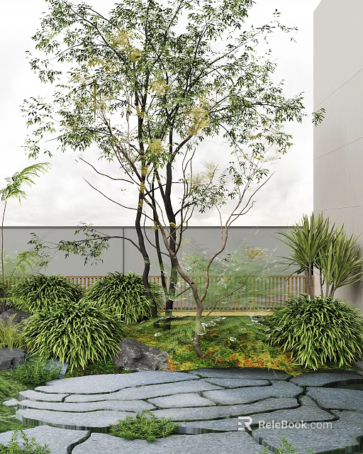 Lush Courtyard Garden With Tall Trees Green Plants Bushes Rocks And Wooden Fence 3d model 