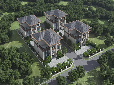 Luxury Detached Villas Surrounded by Lush Green Trees Lawns and Driveway 3d model