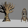 Creative Tree Shaped and Rocket Shaped Wooden Bookcase with Books and Design Elements 3d model