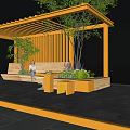 Orange Outdoor Pergola Design With Bench Tree Foliage Flowers And Stone Pavement