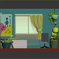 Cartoon Style Cozy Room With Blue Walls Yellow Curtains Decorative Posters Sofa And Potted Plants