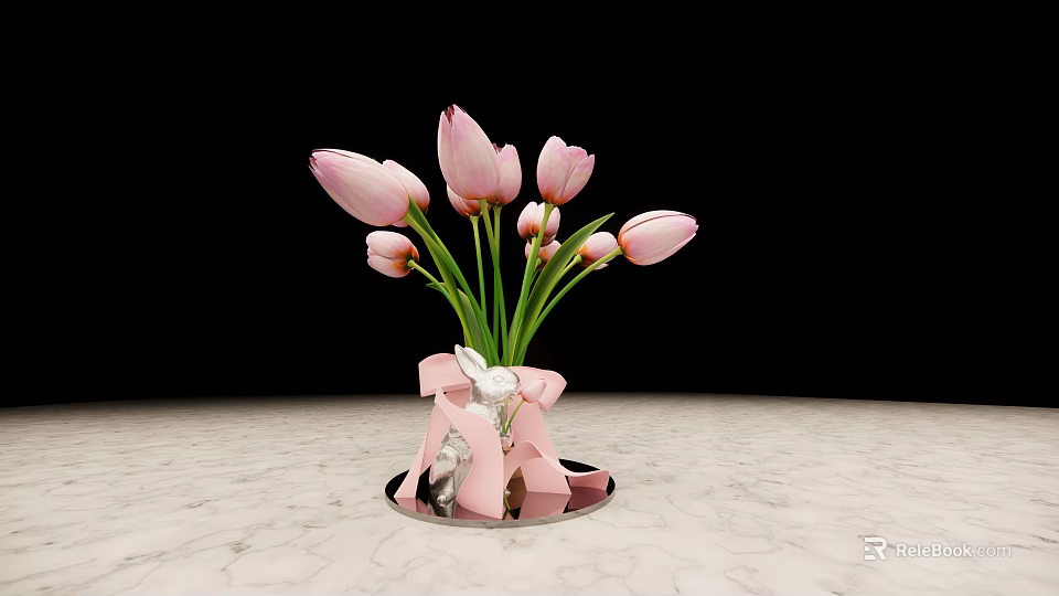 Beautiful Pink Tulips In Bow Decorated Vase On Marble Tabletop 3d model 