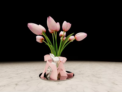 Beautiful Pink Tulips In Bow Decorated Vase On Marble Tabletop 3d model