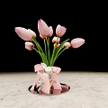 Beautiful Pink Tulips In Bow Decorated Vase On Marble Tabletop