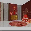 Live Stream Room With Red Theme Chinese Knot Fu Character Golden Cabinet And Traditional Decorations