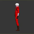 White Haired Game Movie Character In Red Leather Jacket And Pants With Brown Gloves Boots