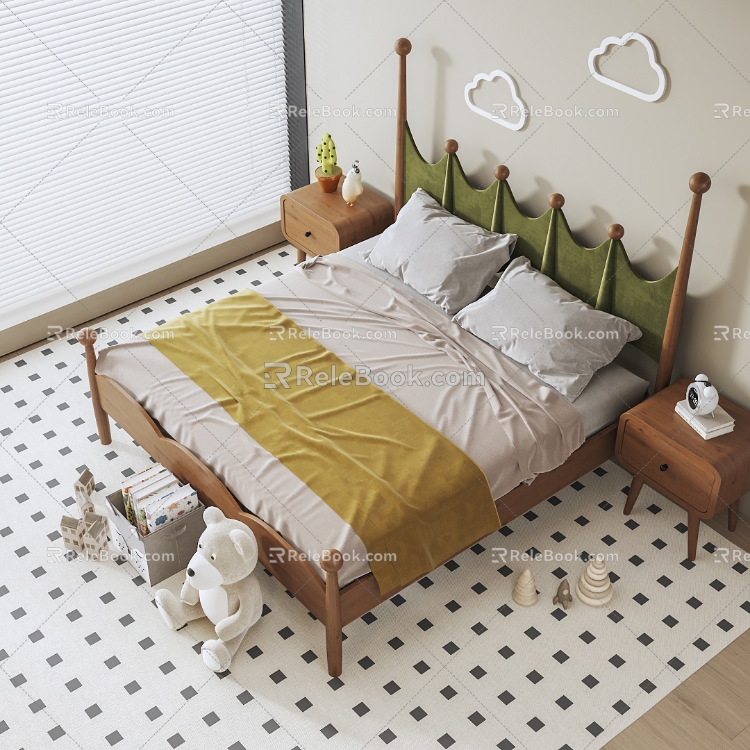 Modern Children's Bed Double Bed Ancient Bed Bedside Cabinet Nordic Solid Wood Bed 3d model