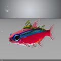 Cute Pink Fish With Blue Stripe Green Decorations And Big Eyes In Starry Background