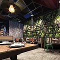 Modern Restaurant Interior Design With Open Layout Bar Counter And Green Plants
