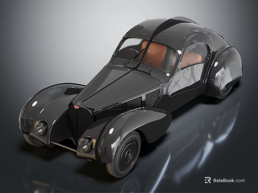Black Vintage Streamlined Car With Shiny Finish And Brown Leather Interior 3d model 