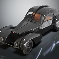 Black Vintage Streamlined Car With Shiny Finish And Brown Leather Interior