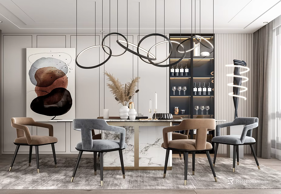 Elegant Modern Dining Table Set With Marble Top Circular Pendant Lights And Artwork 3d model