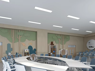 Kindergarten Interior Design With Round Tables Chairs And Tree Pattern Wall Decorations 3d model