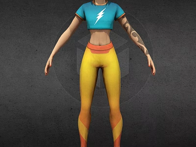 Stylized Character Wearing Blue Lightning Crop Top And Yellow Gradient Leggings With Arm Tattoo 3d model