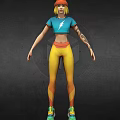 Stylized Character Wearing Blue Lightning Crop Top And Yellow Gradient Leggings With Arm Tattoo
