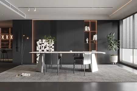Modern Restaurant Dining Table and Chair Floor Lamp TV Wall Cream Restaurant Stairs 3d model