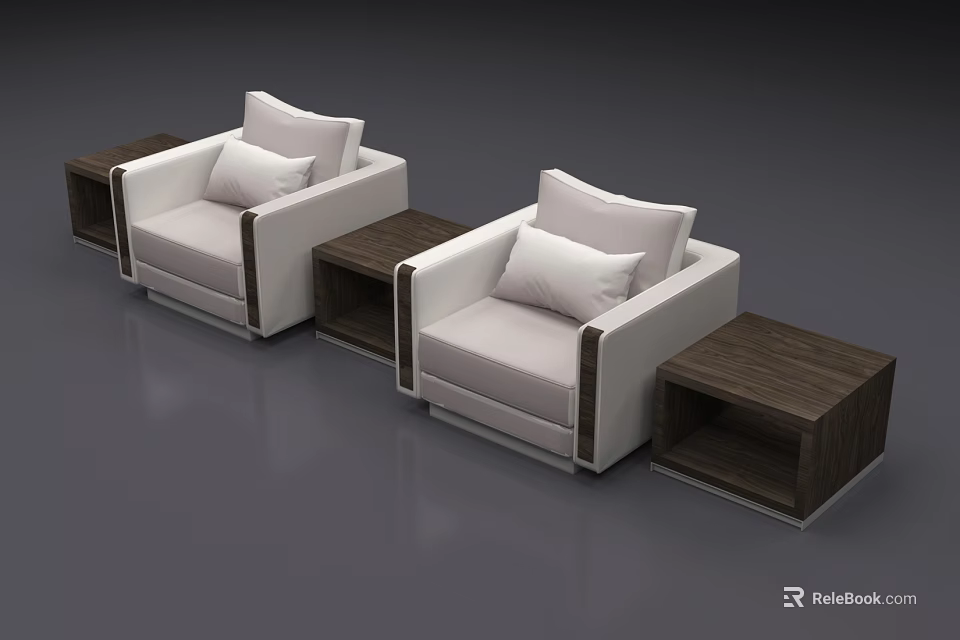 Modern Leisure Sofa Set With Two Single Seats White Cushions And Dark Wooden Side Tables 3d model 