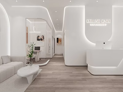 Modern Luxury Beauty Salon Interior With White Reception Sofa And Wooden Floor 3d model