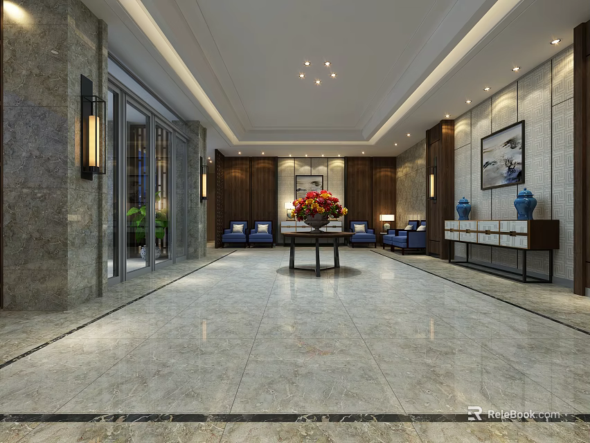 Elegant Modern Hotel Lobby Featuring Marble Floor Central Floral Decor And Blue Seating 3d model 