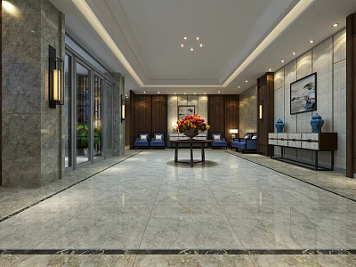 Elegant Modern Hotel Lobby Featuring Marble Floor Central Floral Decor And Blue Seating 3d model