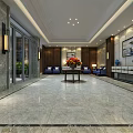 Elegant Modern Hotel Lobby Featuring Marble Floor Central Floral Decor And Blue Seating