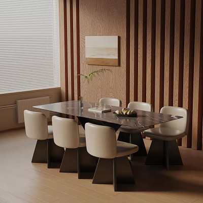 Modern Dining Table Set With Marble Top And Six White Chairs Wooden Wall Panel 3d model