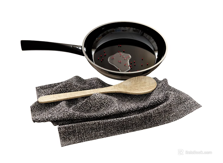 Essential Kitchen Utensils Frying Pan Wooden Spoon and Gray Cloth with Oil and Red Spices 3d model 