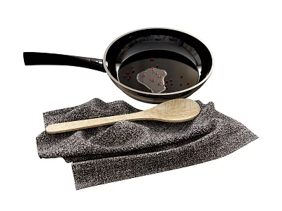 Essential Kitchen Utensils Frying Pan Wooden Spoon and Gray Cloth with Oil and Red Spices 3d model