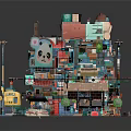 Colorful Multi Level Building 3D Model With Panda Graphic Yellow Tram And Balconies