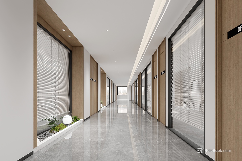 Modern Office Corridor with Polished Floor Glass Doors with Blinds Wooden Frames and Plants 3d model 