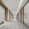 Modern Office Corridor with Polished Floor Glass Doors with Blinds Wooden Frames and Plants