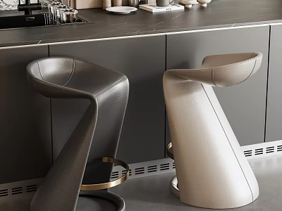 Modern Bar Counter With Black And Beige Leather Bar Stools Gold Base And Dark Countertop 3d model