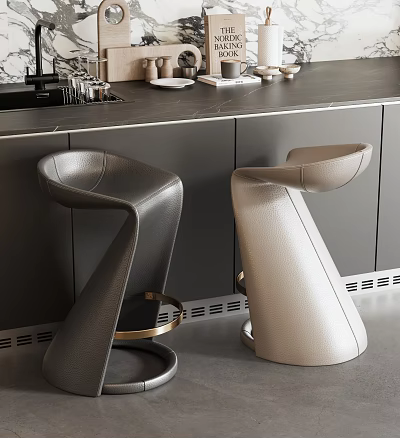 Modern Bar Counter With Black And Beige Leather Bar Stools Gold Base And Dark Countertop 3d model