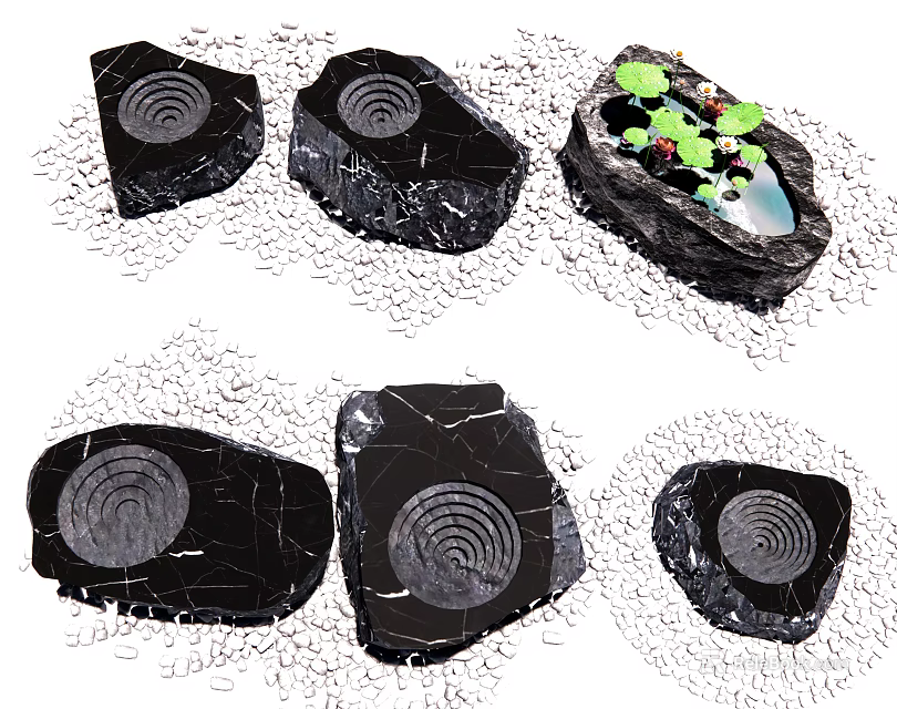 Unique Garden Decorations With Stone Bases Circular Patterns Small Pond And Green Plants 3d model 